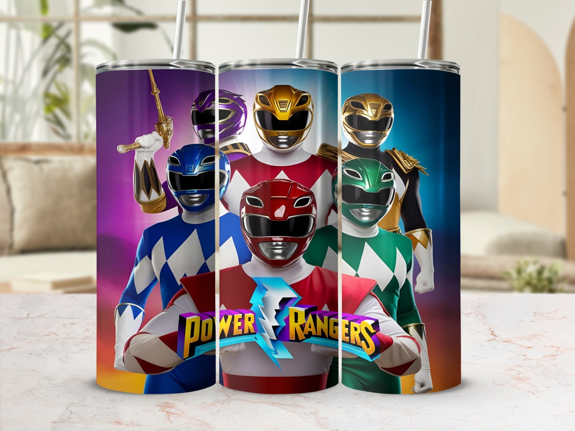 Power Rangers in colorful suits stand in front of a blurred background.