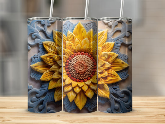 Three tumblers with raised sunflower and ornate scroll designs.