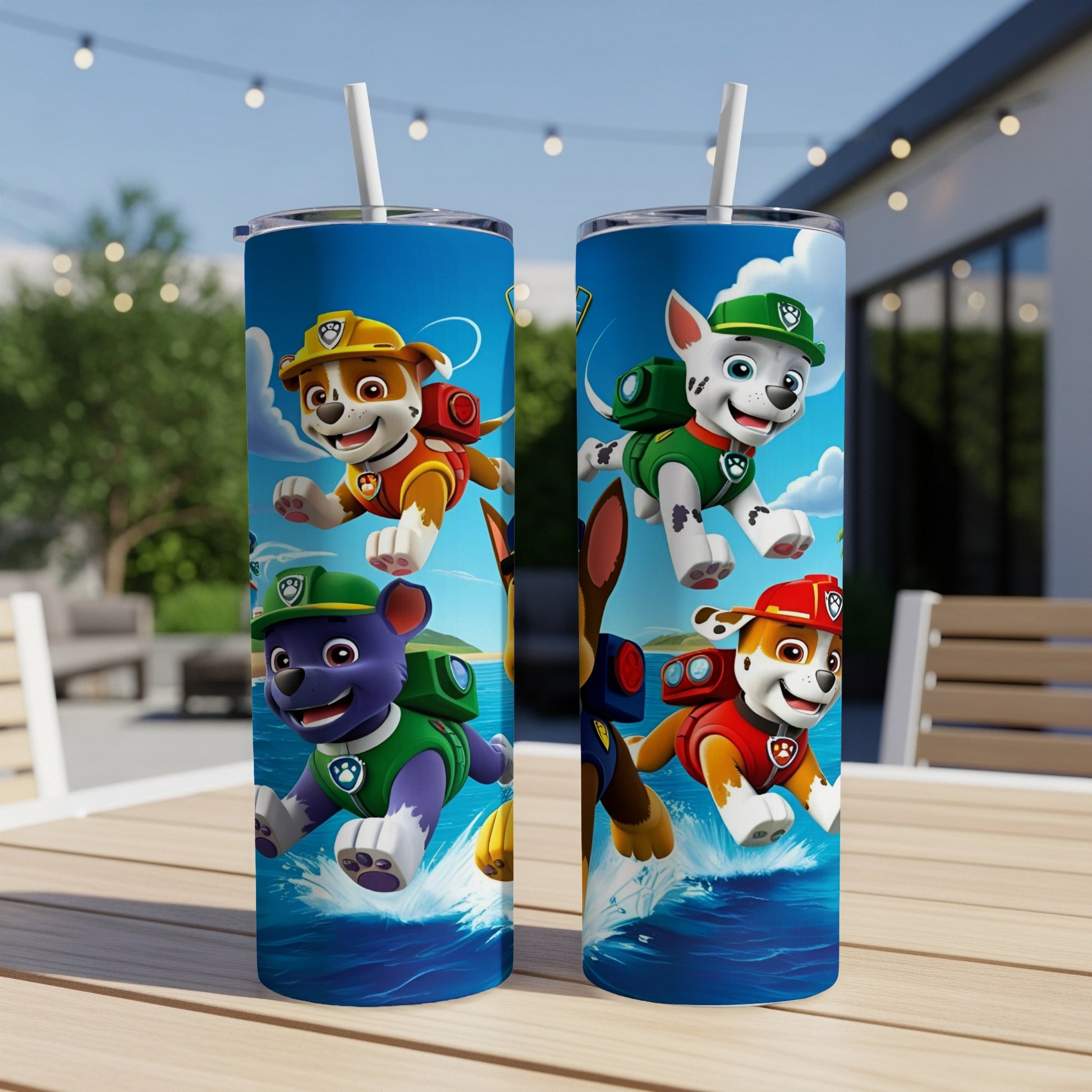 Two Paw Patrol tumblers with pups splashing in water.