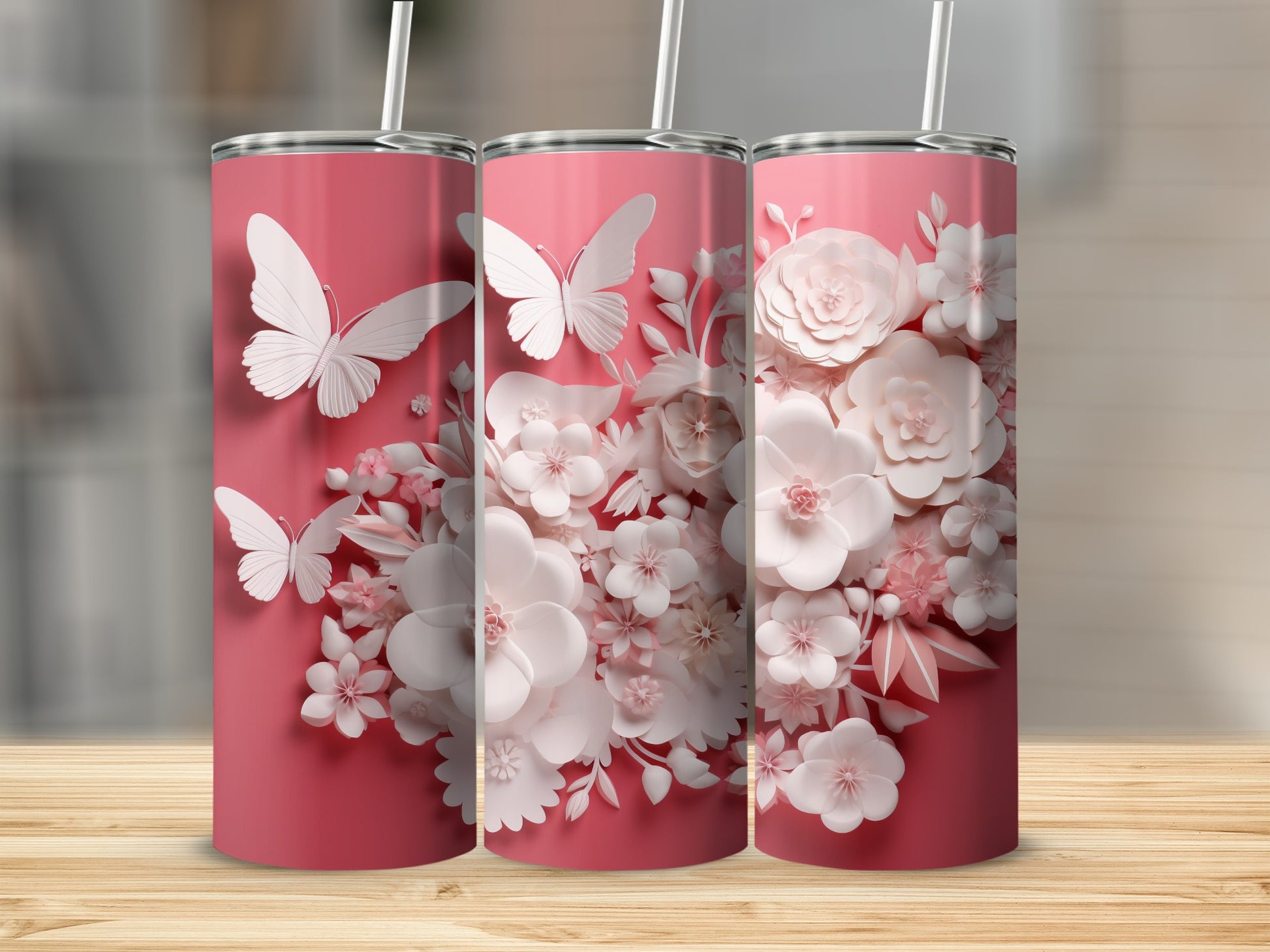 Pink Butterfly Flower Paper Art Tumbler Design product type