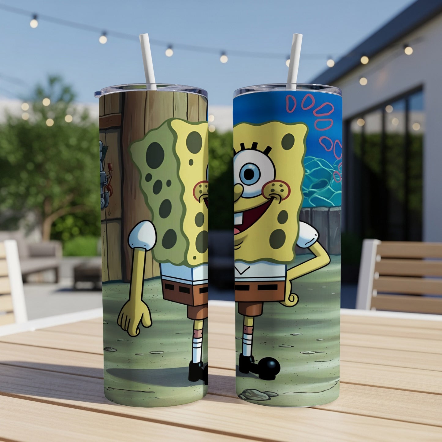 Two tumblers featuring Spongebob Squarepants artwork stand on a table.
