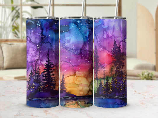 Three tumblers with a watercolor night sky and pine trees design.