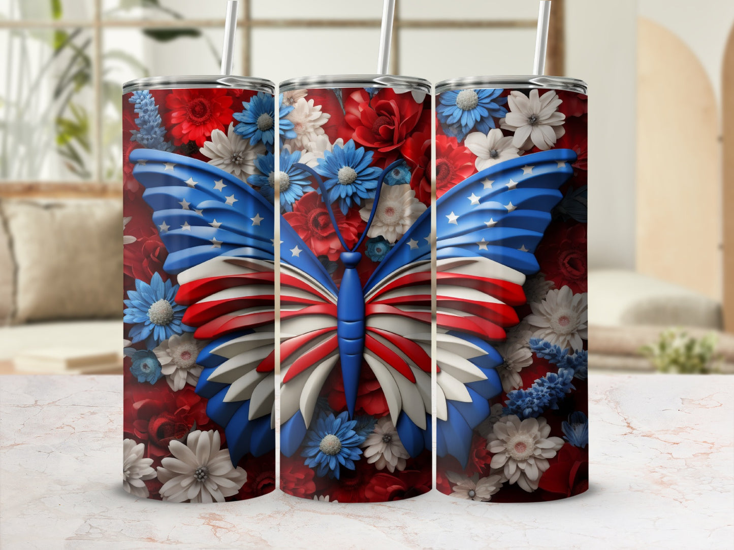 Red, white, and blue butterfly design on a tumbler with floral background.