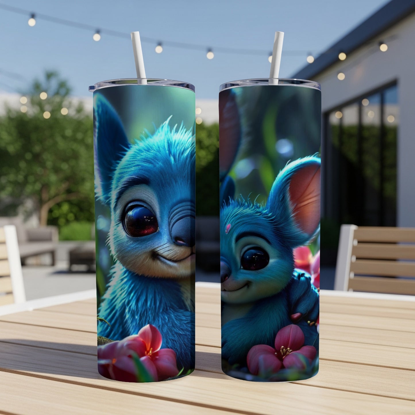 Two blue cartoon characters with large eyes and pink flowers on a table.