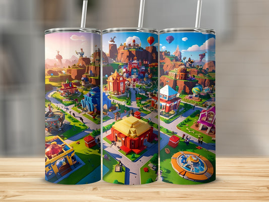 Three cylindrical tumblers featuring colorful, cartoonish village scenes with buildings and hot air balloons.