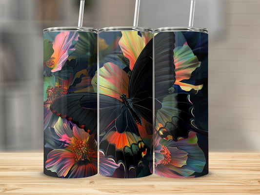 Black butterfly with colorful floral pattern on three tumblers.