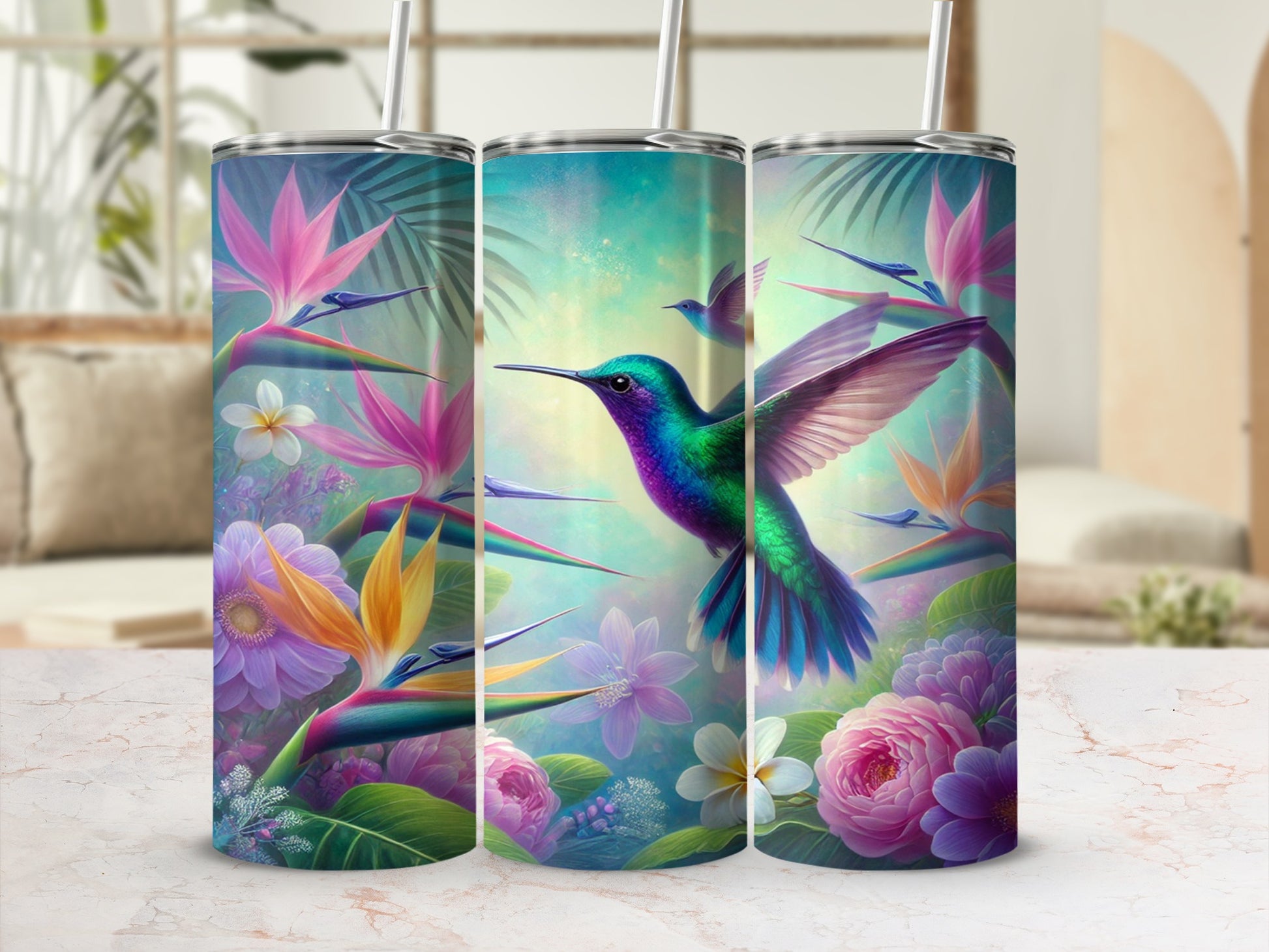 Colorful Hummingbird and Flowers Art Tumbler Cup