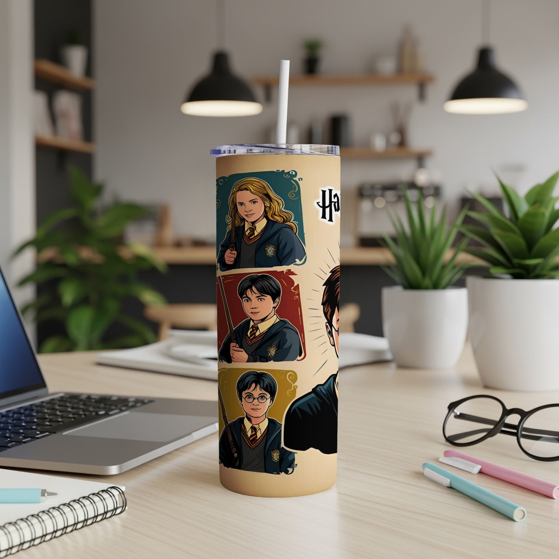 Harry Potter characters with wands on a tan tumbler.