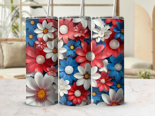 Three tumblers with a red, white, and blue floral pattern.