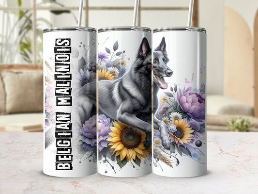 Tumbler with Belgian Malinois dog and floral design.