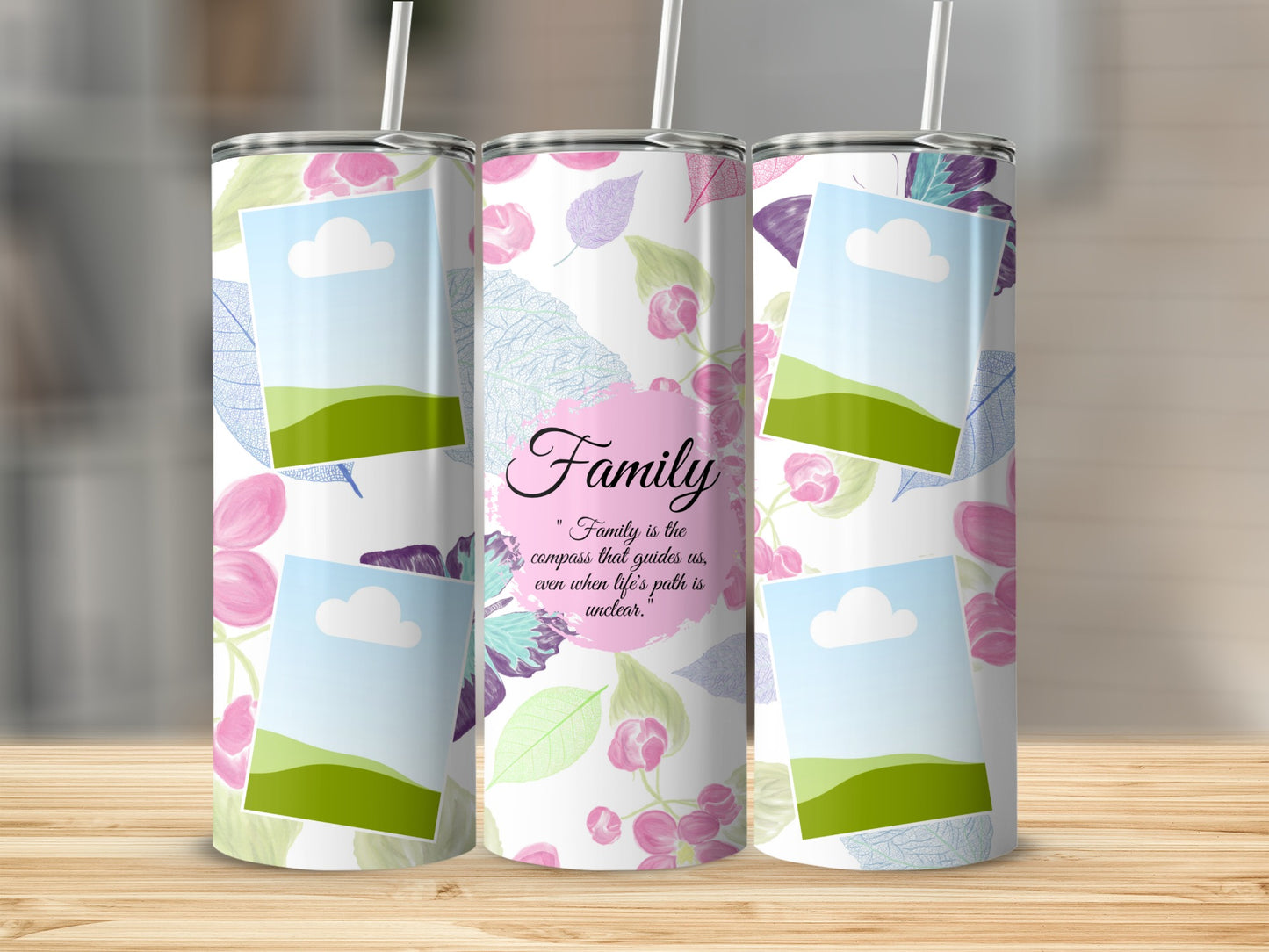 Three tumblers with floral and leaf patterns, and placeholder photo frames.