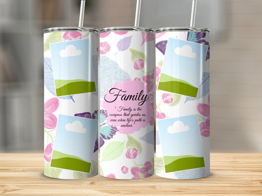 Three tumblers with floral and leaf patterns, and placeholder photo frames.