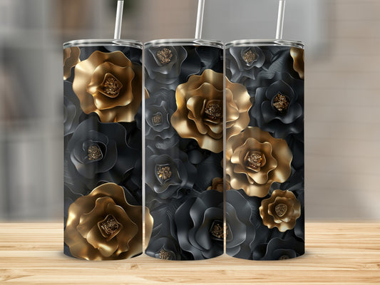 Three tumblers with a black and gold floral design.