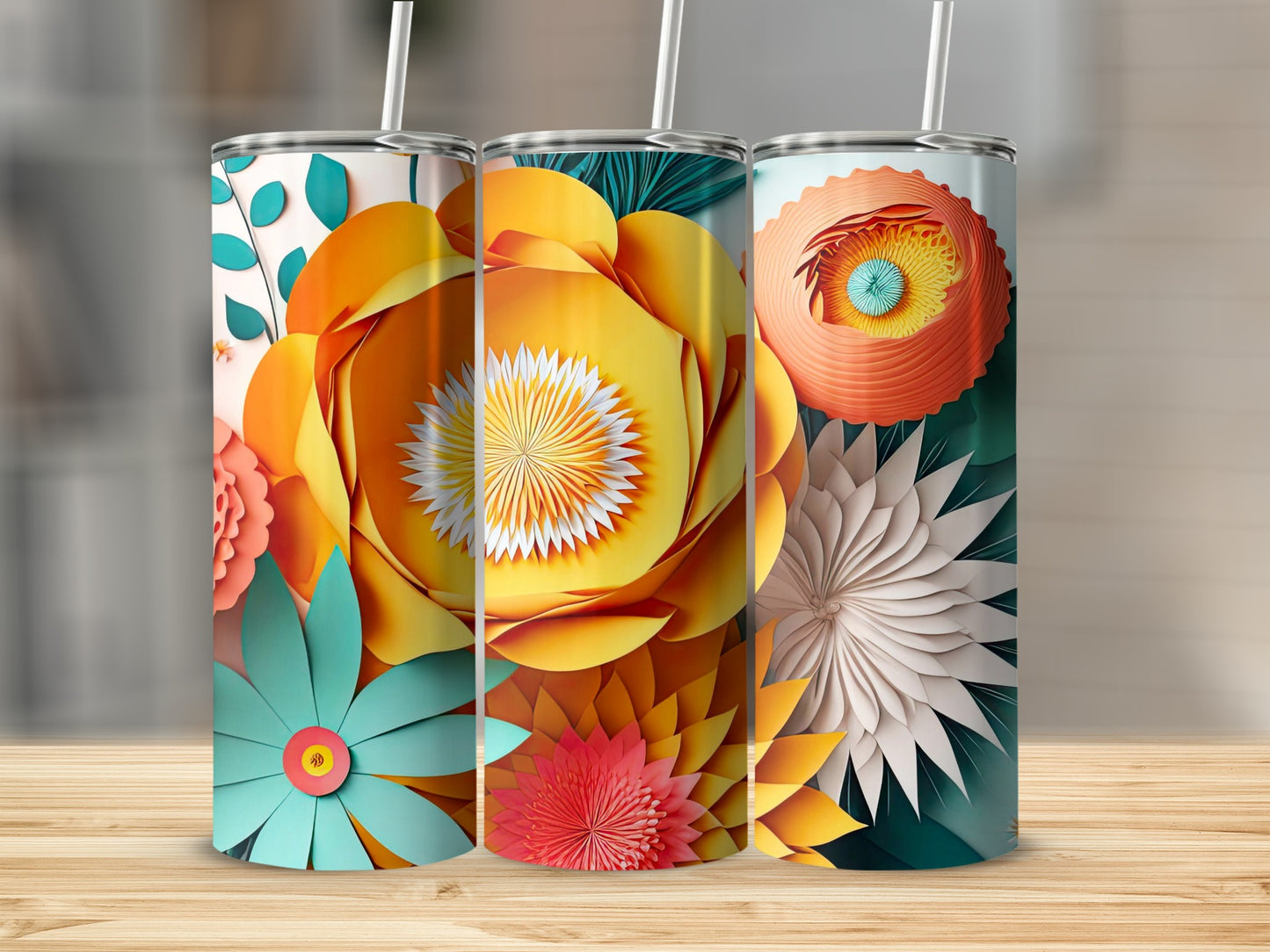 Floral Art Design Insulated Tumbler Cup with Straw