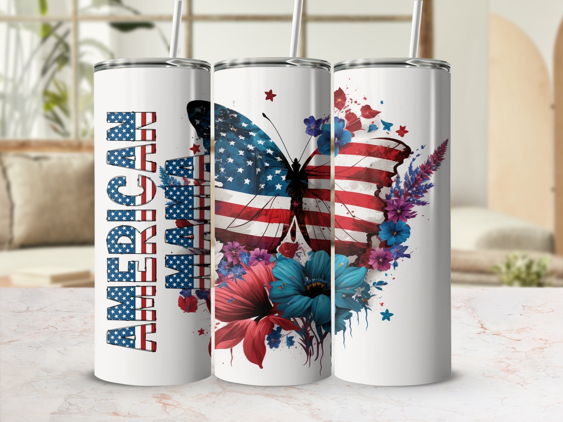 "American" text on tumbler with patriotic butterfly graphic.