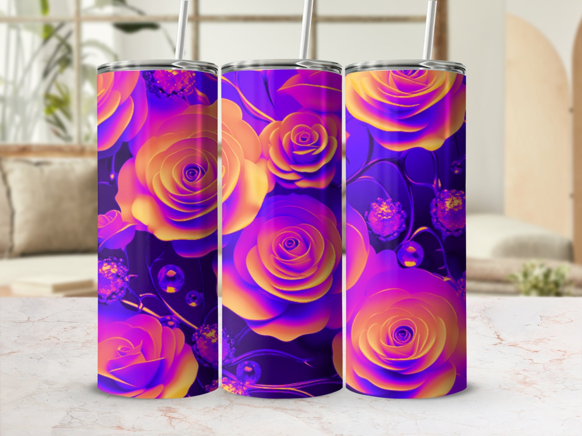 Floral roses pattern on a purple tumbler with straws.