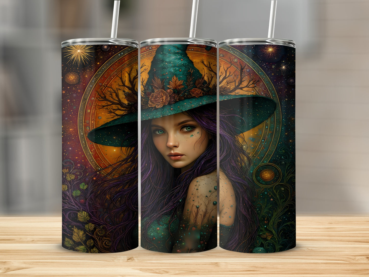 Three tumblers decorated with a mystical witch and celestial starry background.