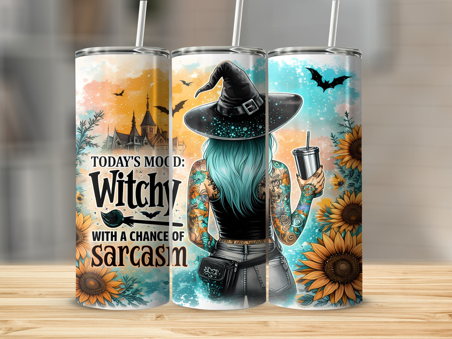 Tumblers with "Today's Mood: Witchy With a Chance of Sarcasm" and sunflower designs.