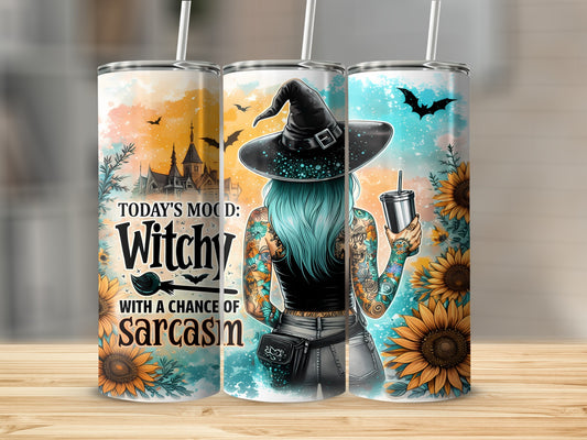 Tumblers with "Today's Mood: Witchy With a Chance of Sarcasm" and sunflower designs.