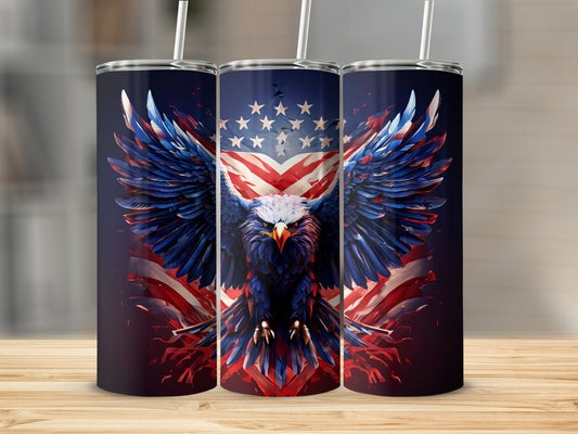Triptych of tumblers with eagle and American flag design.