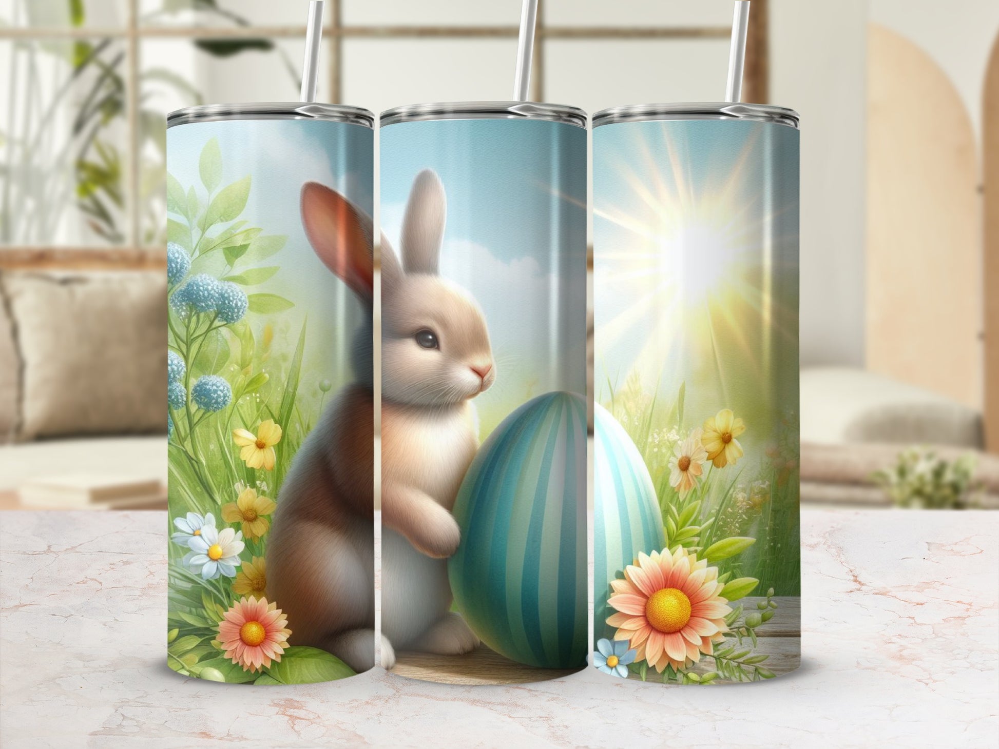 Easter bunny with striped egg, surrounded by flowers and sunshine.