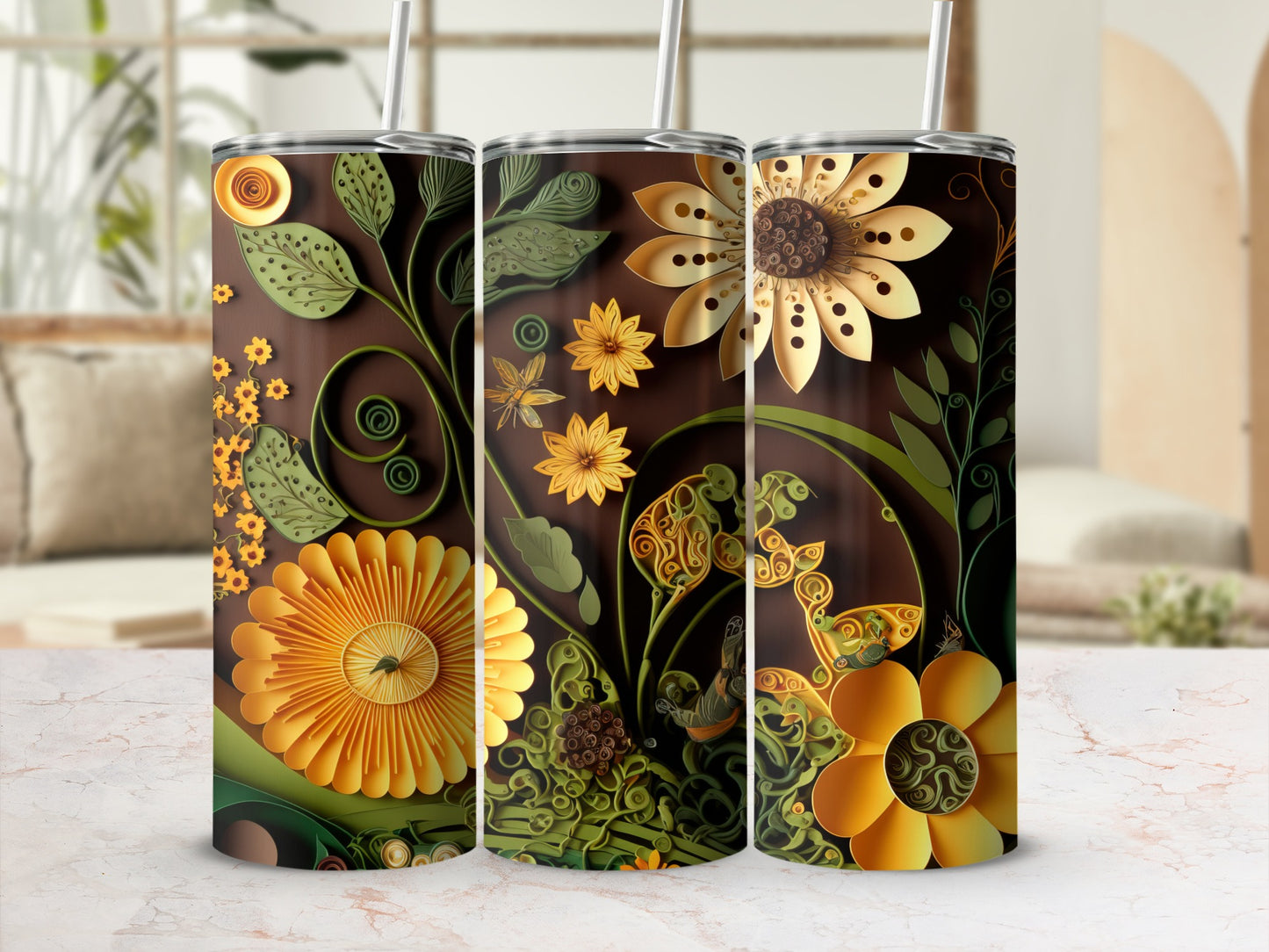 Sunflower and Leaf Pattern Insulated Tumbler Product