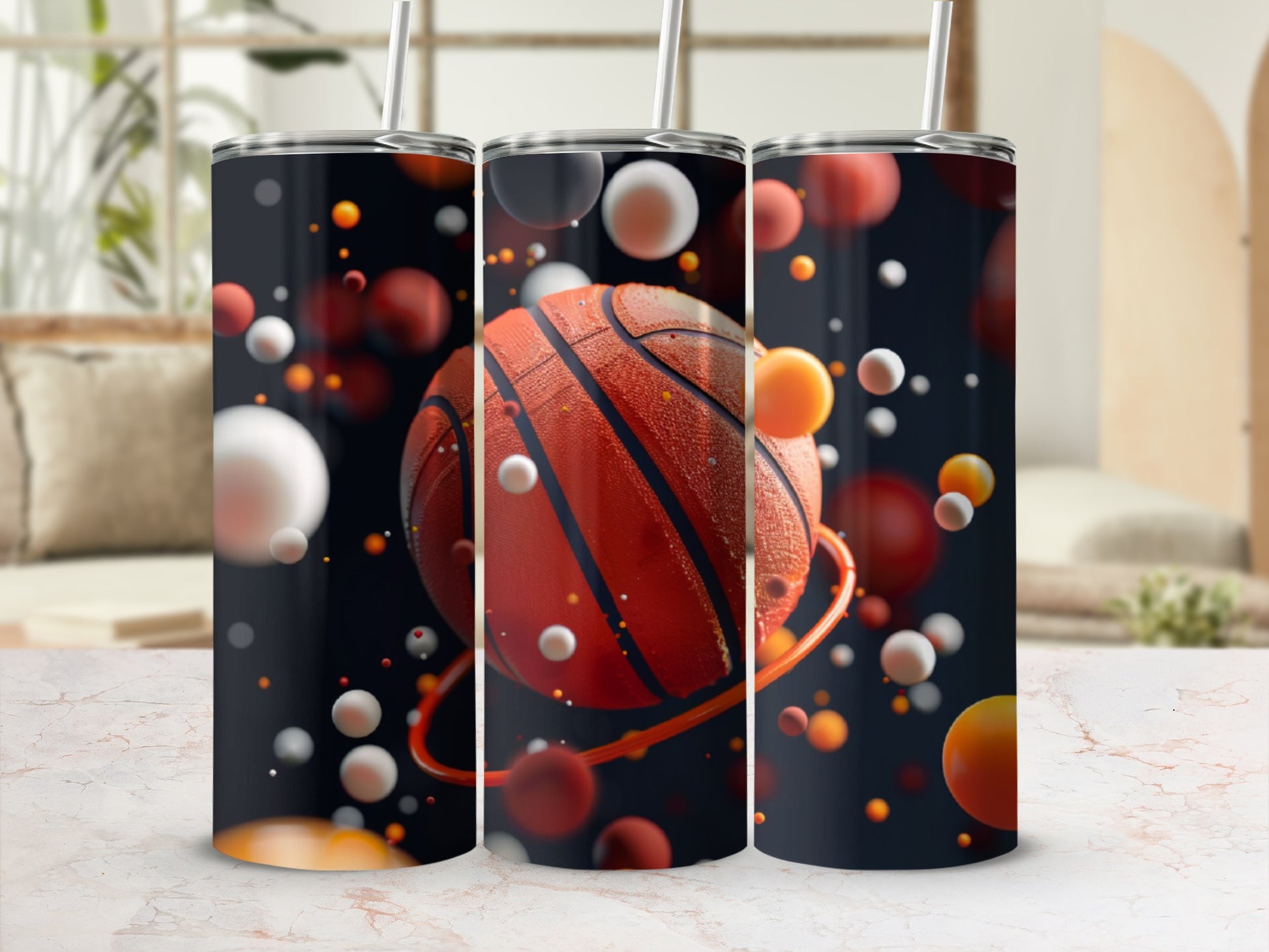 Basketball themed tumbler with suspended spheres against a dark background.