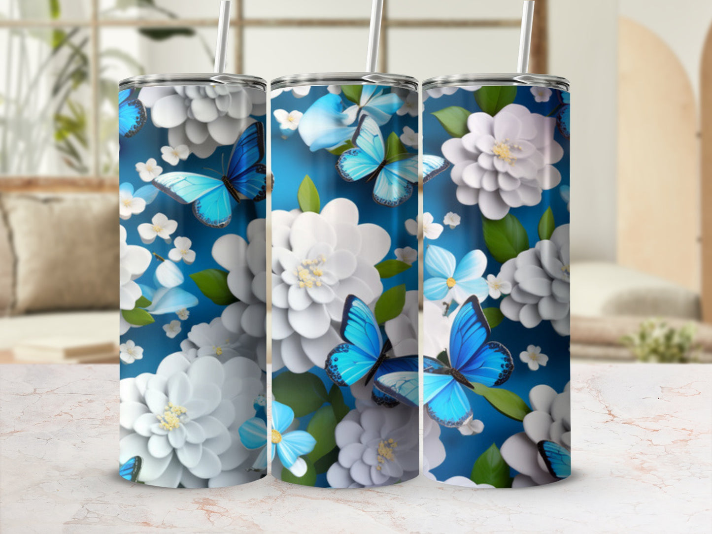 Blue butterflies and white flowers on a gradient blue background.