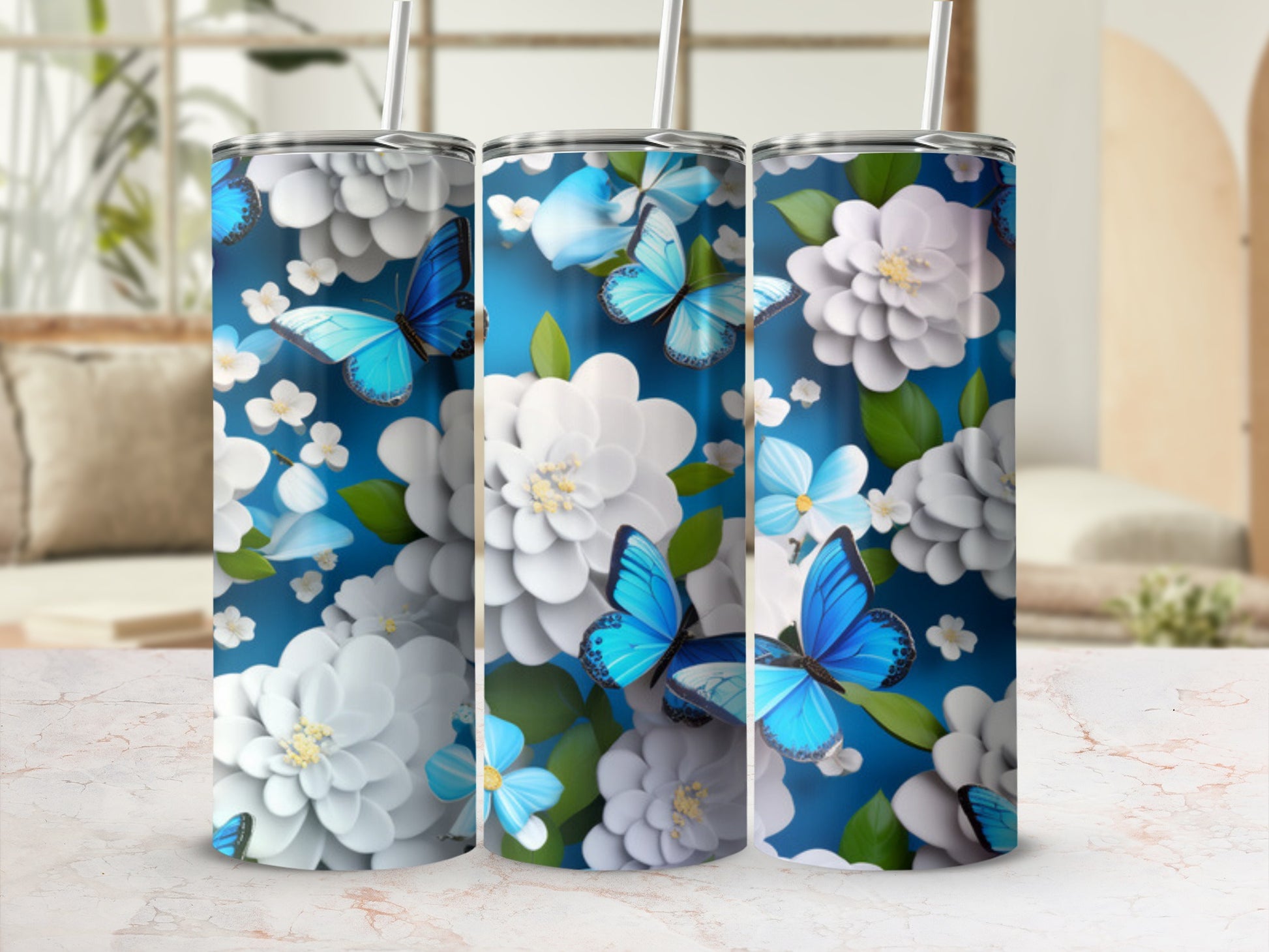 Blue butterflies and white flowers on a gradient blue background.