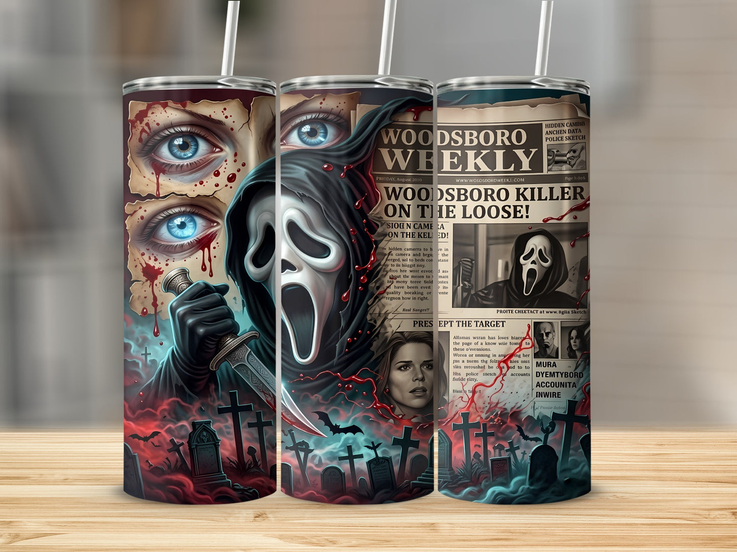Scream mask, bloody eyes, and "Woodsboro Killer on the Loose" newspaper headline.