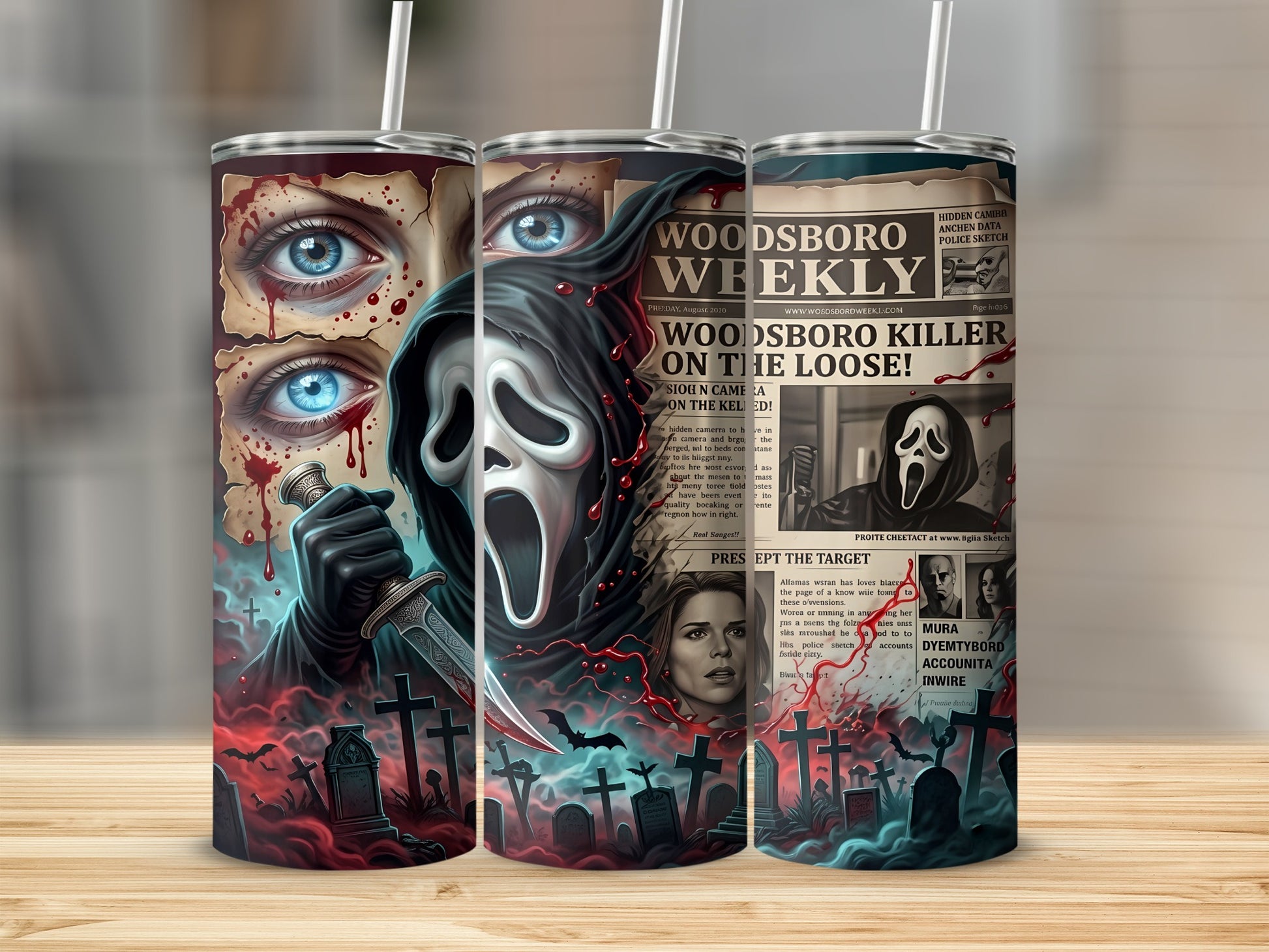 Scream mask, bloody eyes, and "Woodsboro Killer on the Loose" newspaper headline.