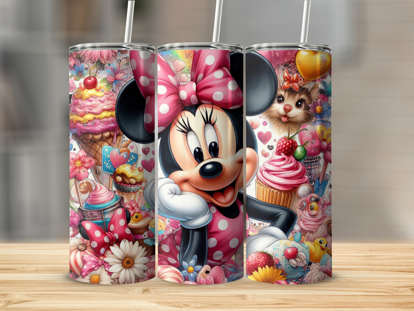 Colorful Minnie Mouse and Cat Themed Tumbler