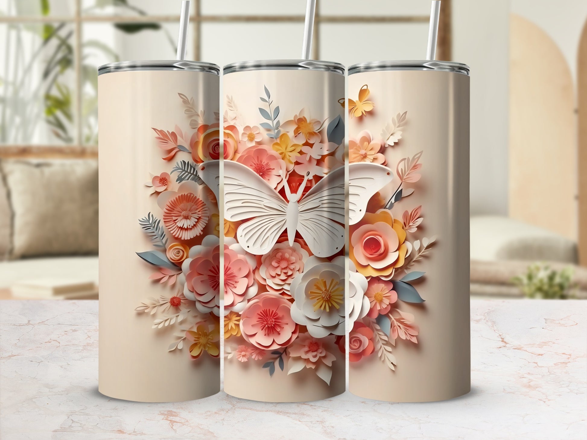Floral and Butterfly Stainless Steel Tumbler Cup