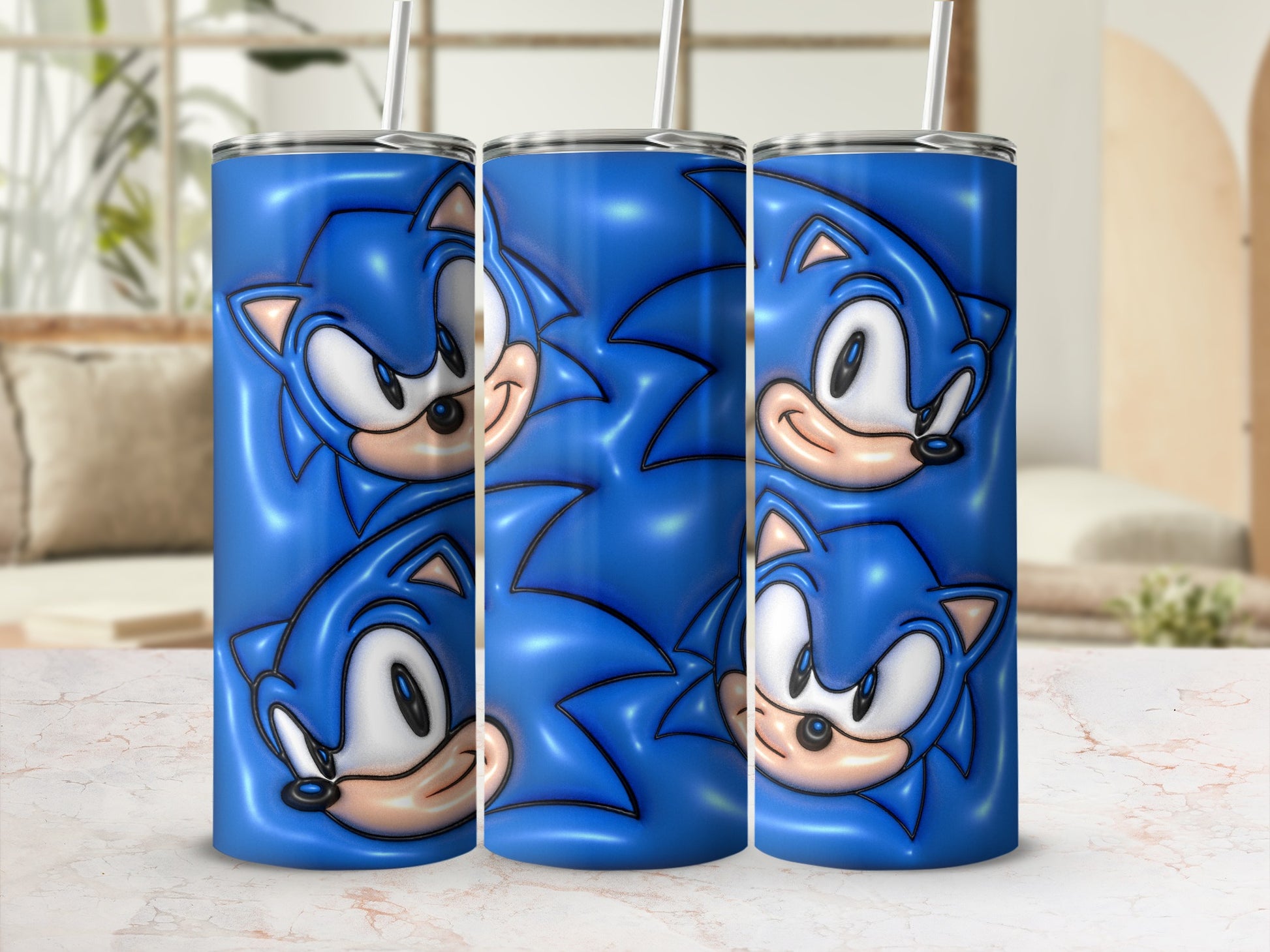 Vibrant Blue Tumbler Featuring Iconic Character Faces