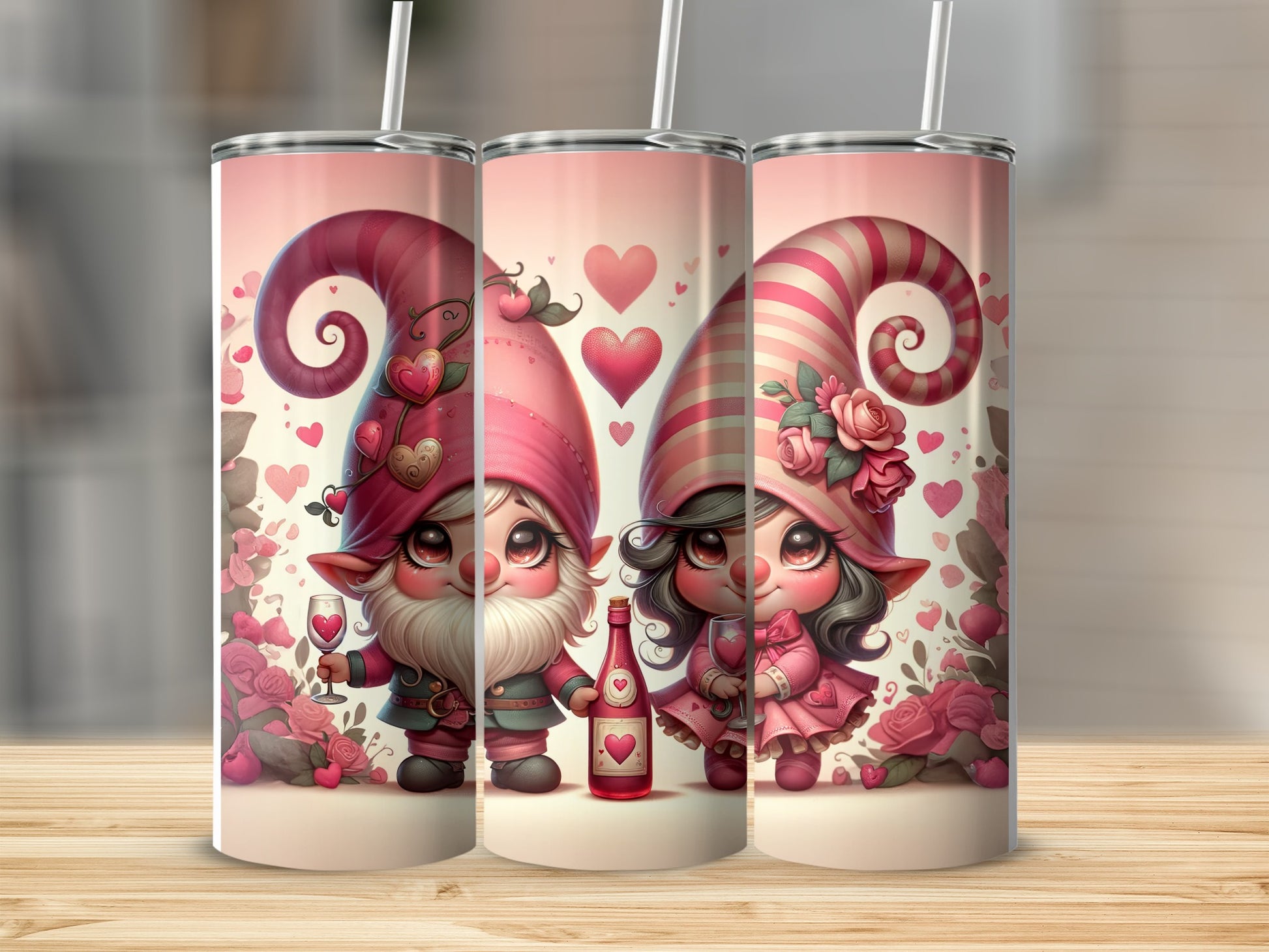 Two Valentine gnomes with pink hats, one holding wine, against floral background.