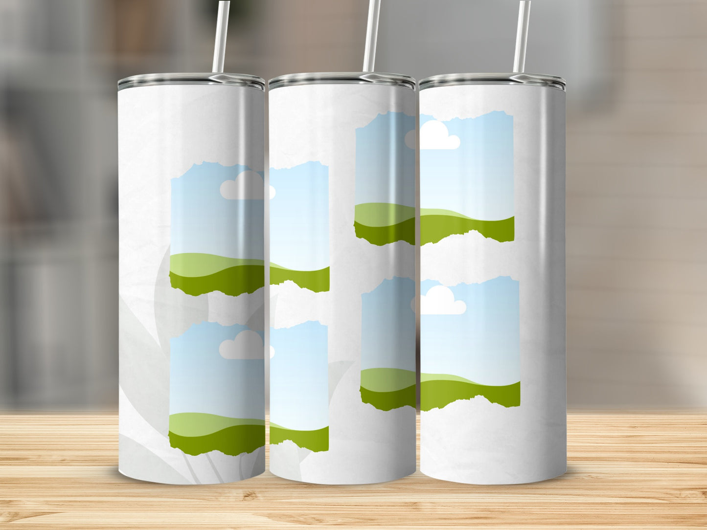 Three white tumblers with straw, each with landscape image placeholders.