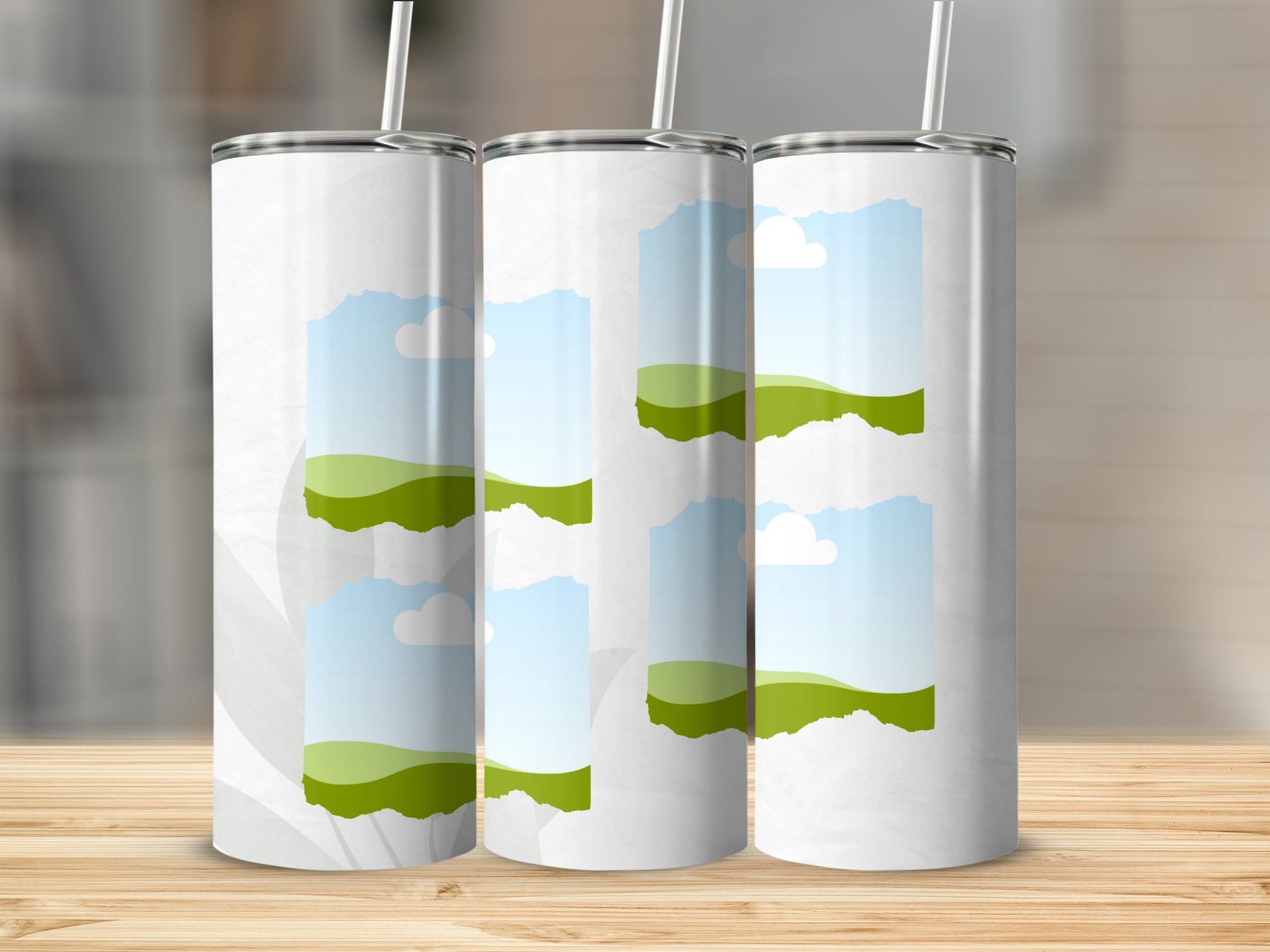 Three white tumblers with straw, each with landscape image placeholders.
