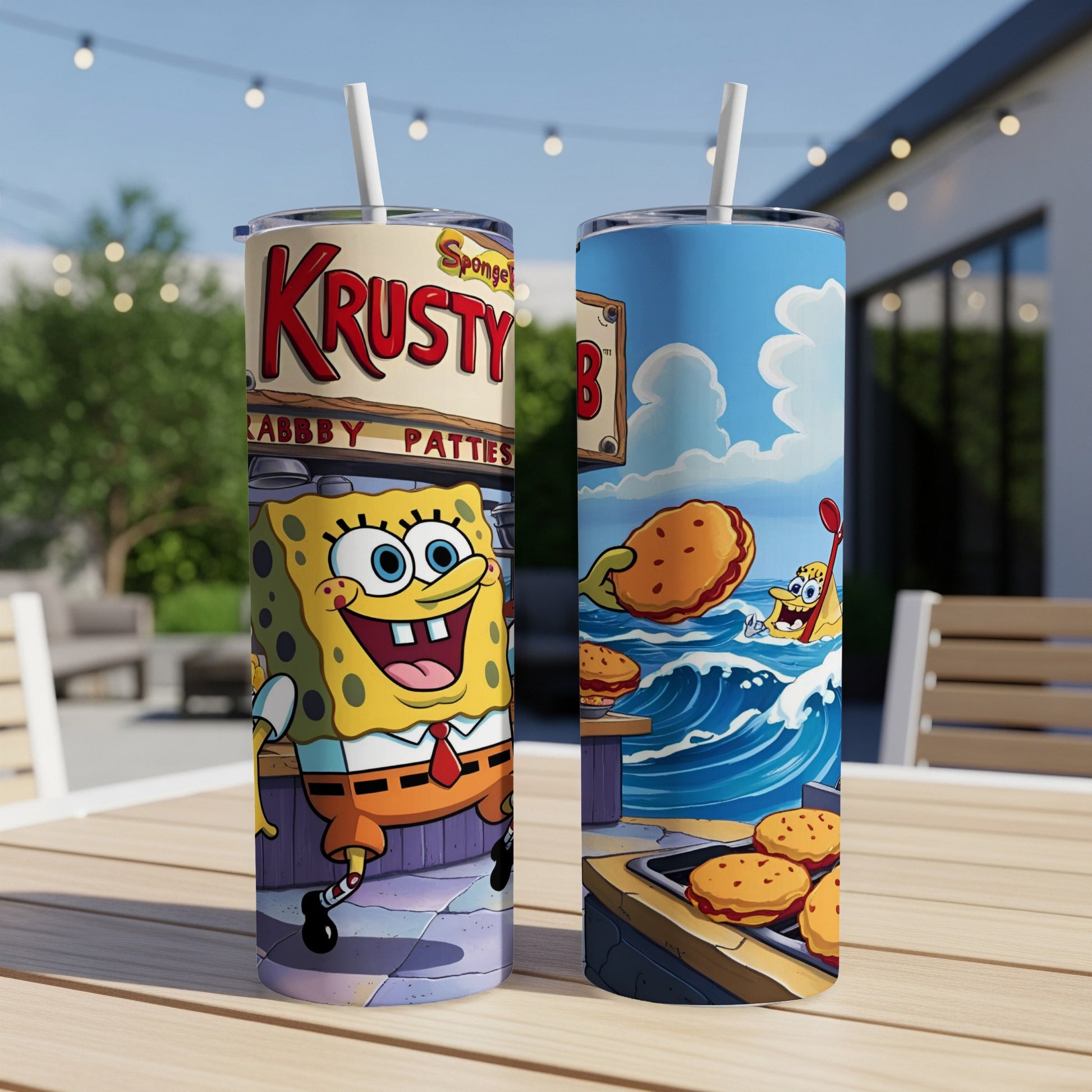 SpongeBob SquarePants Krabby Patty themed tumbler with two cups.