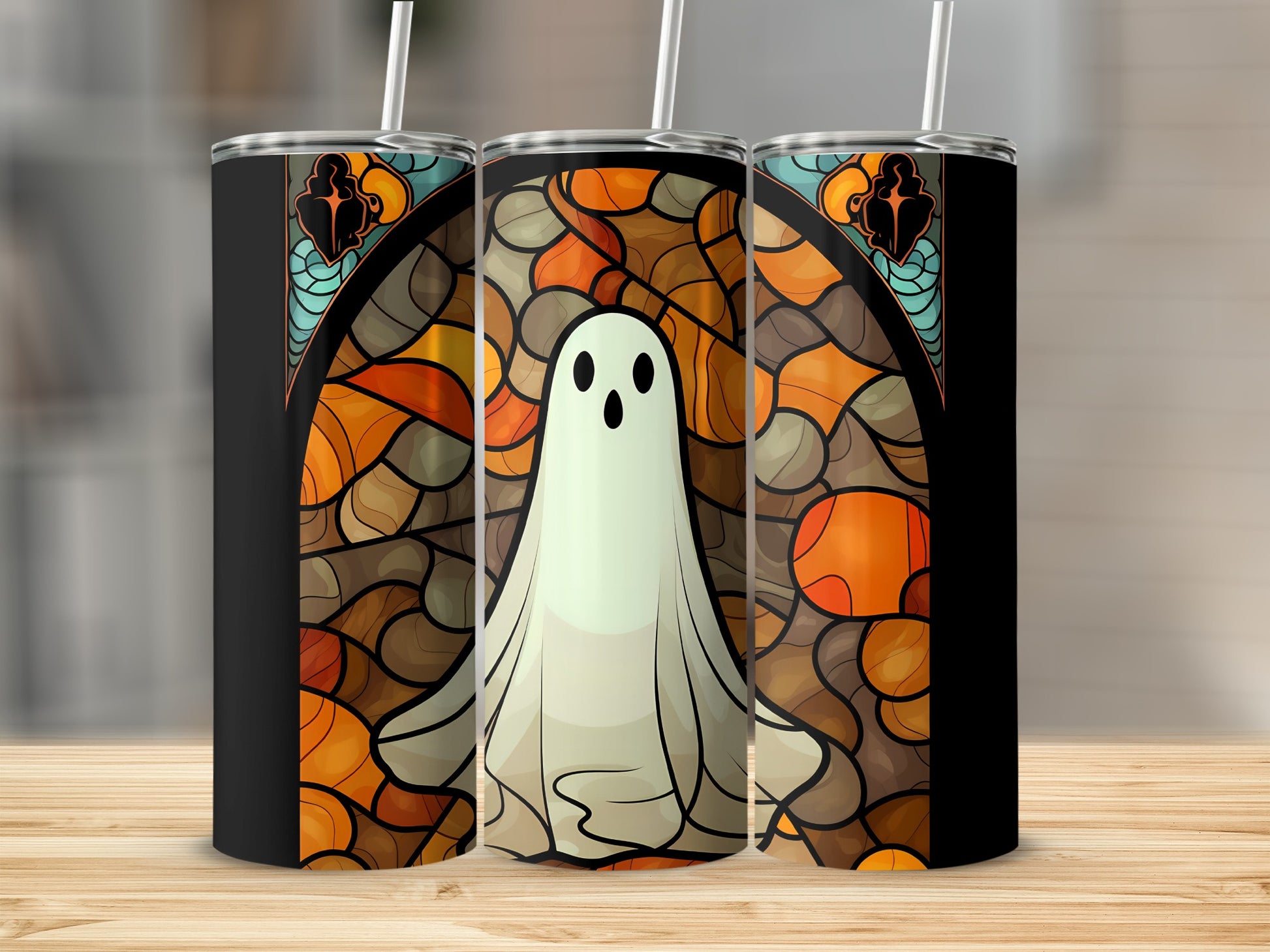 Ghost on stained glass pattern tumbler with straw.
