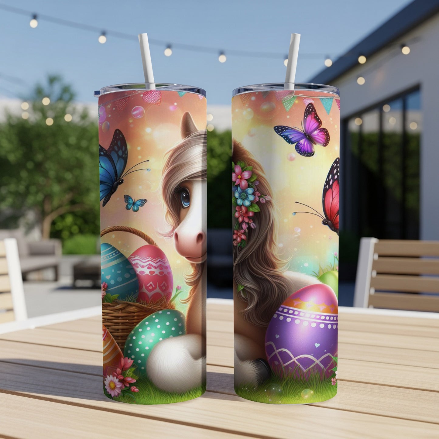 Easter unicorn and painted eggs with butterflies on a tumbler.