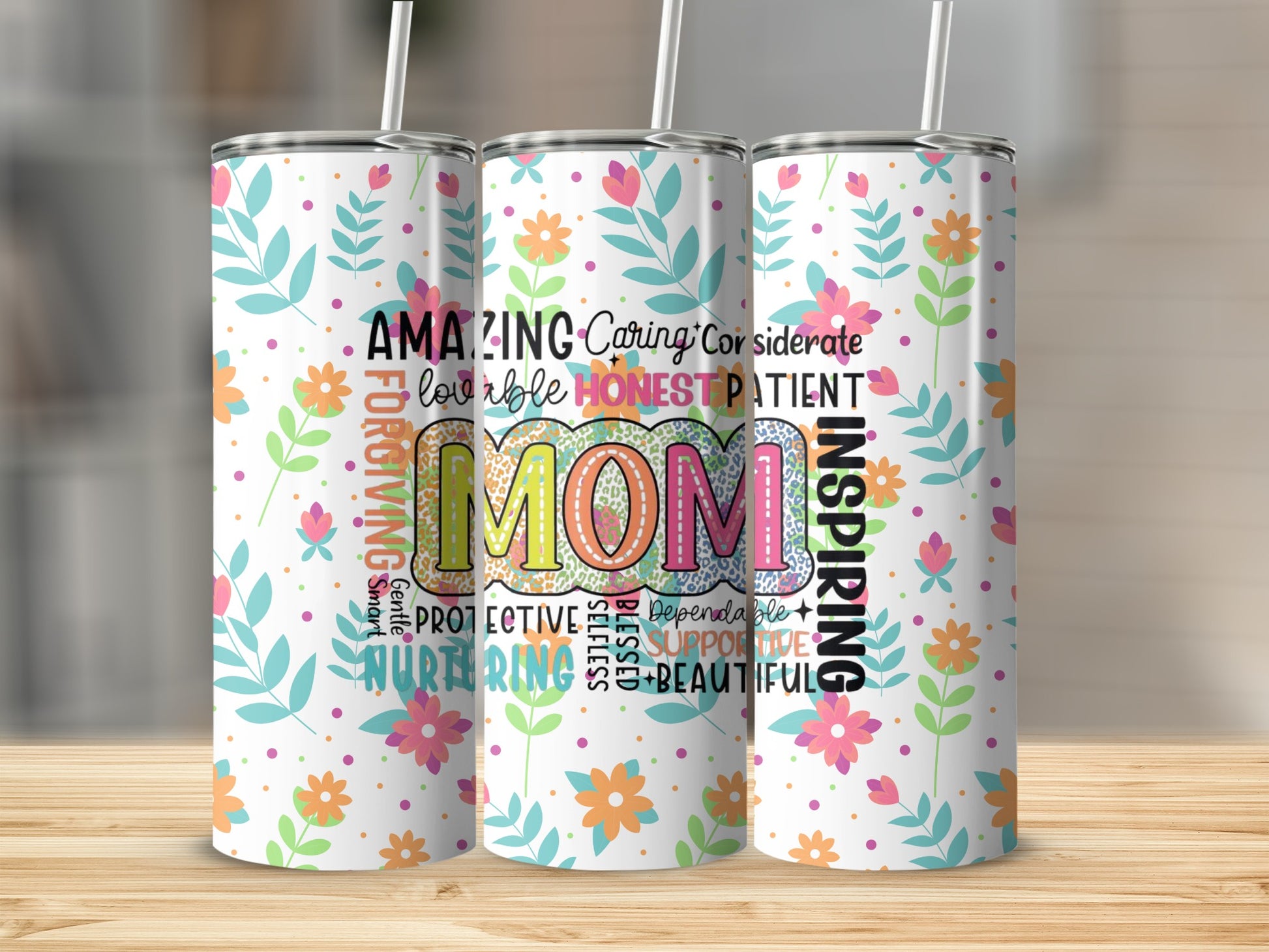 Floral Design Mom Inspiring Tumbler with Straw