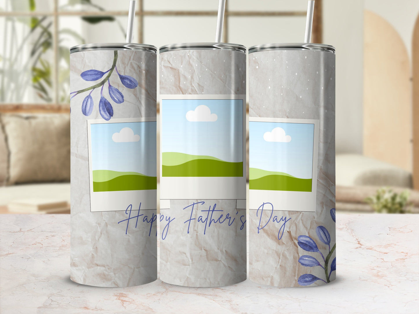 Three tumblers with floral accents and "Happy Father's Day" text.