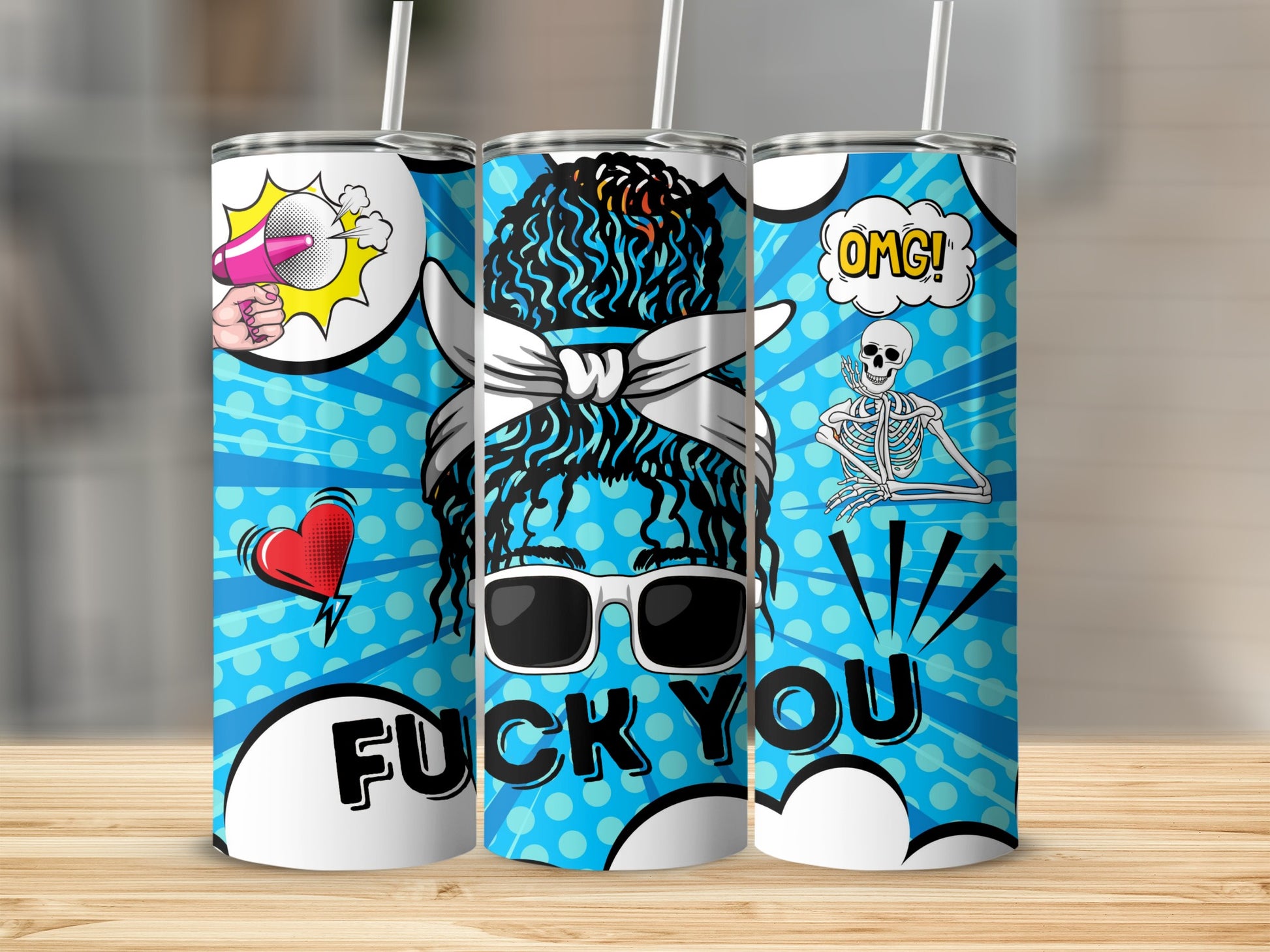 Pop Art Funny Blue OMG Skull Character Tumbler Cup