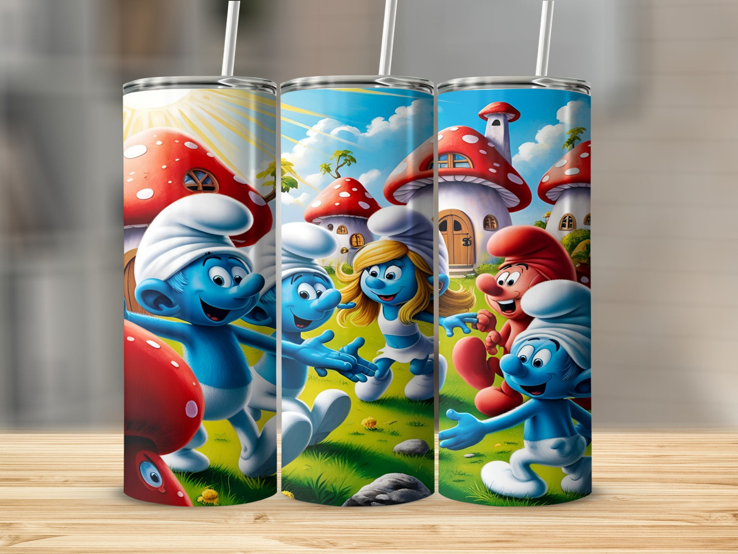 Smurfs playing in a Smurf village with mushroom houses.