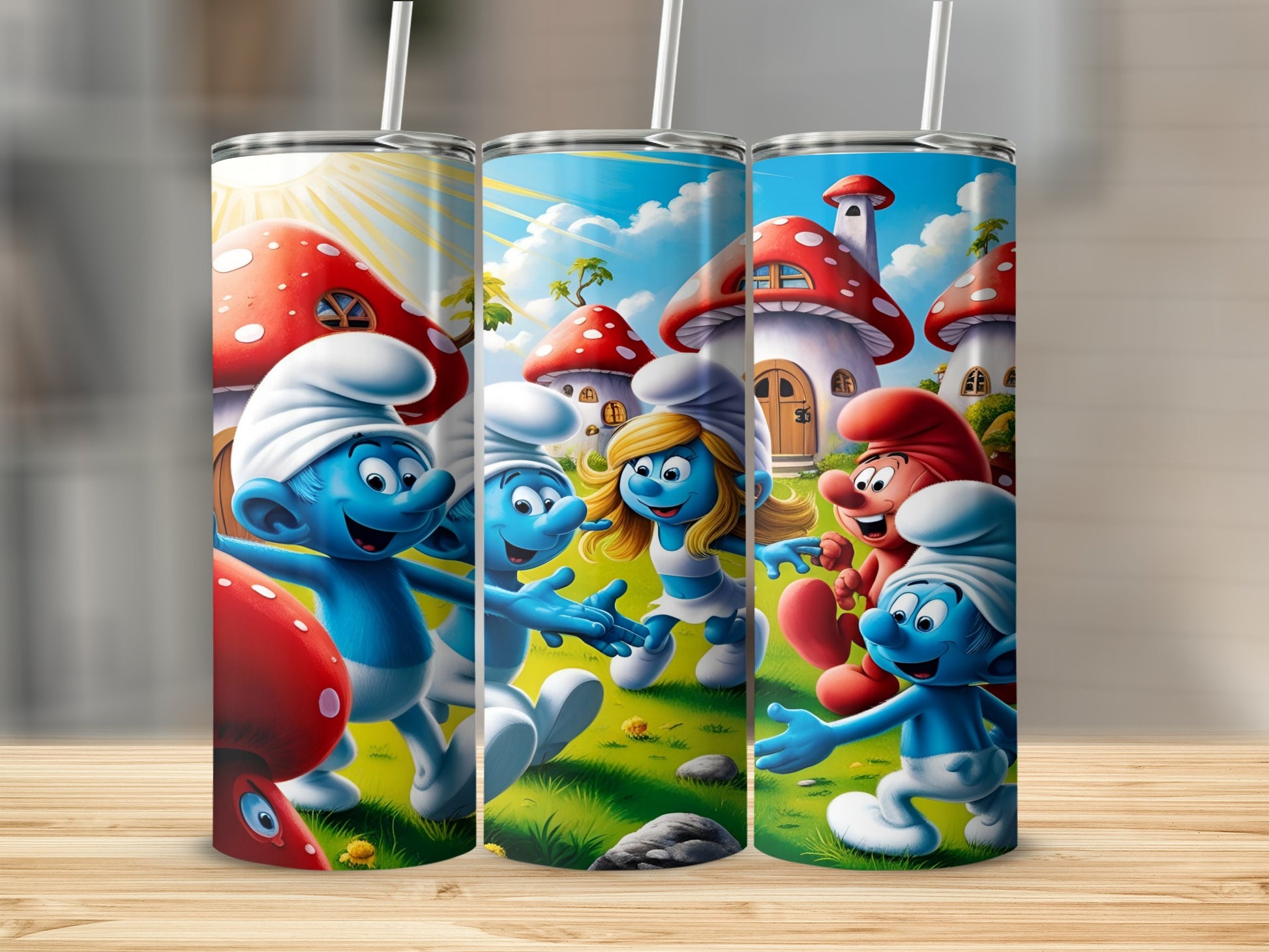 Smurfs playing in a Smurf village with mushroom houses.