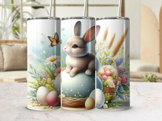 Easter bunny on egg with basket of flowers and butterfly.