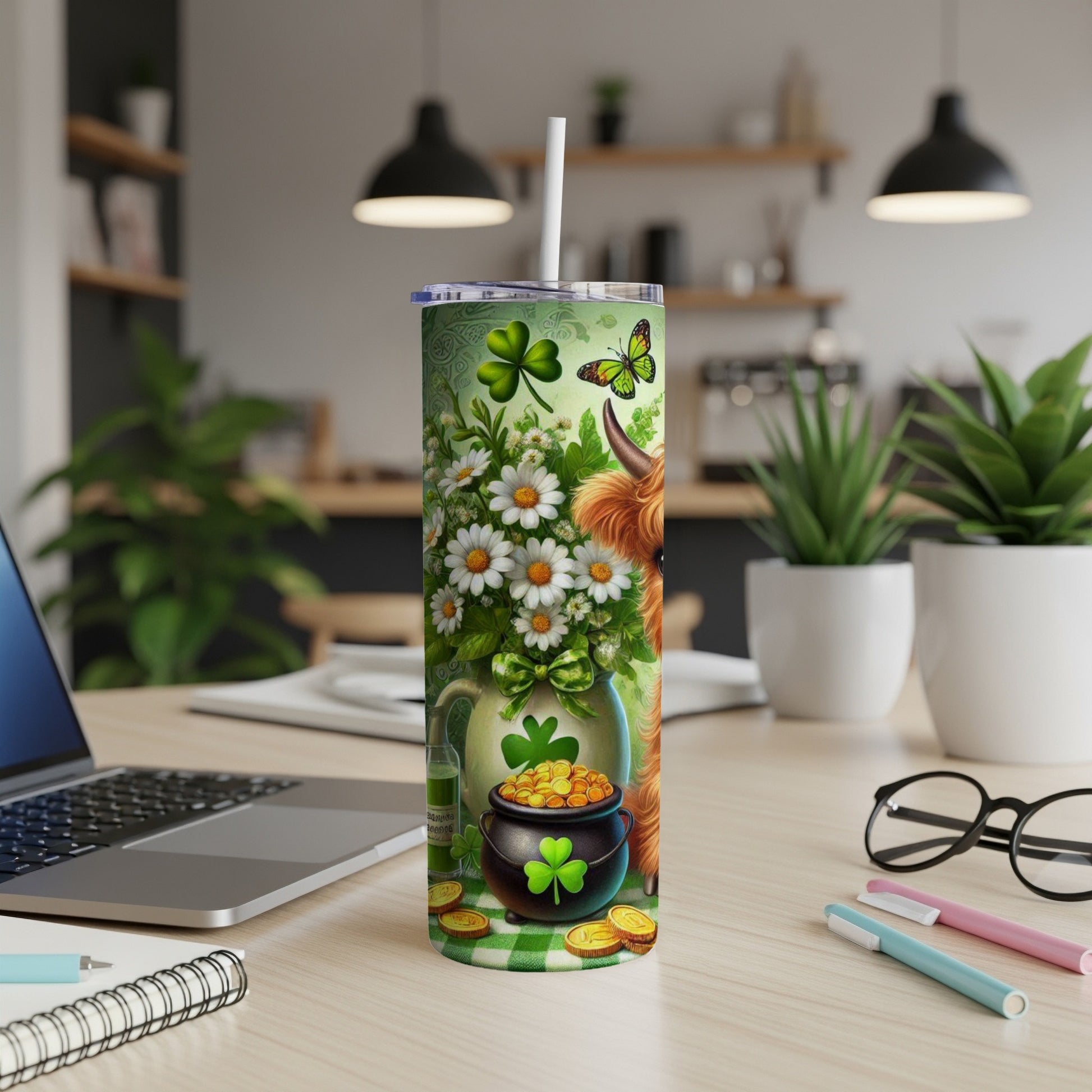 St. Patrick's Day tumbler with cow, shamrocks, and pot of gold.