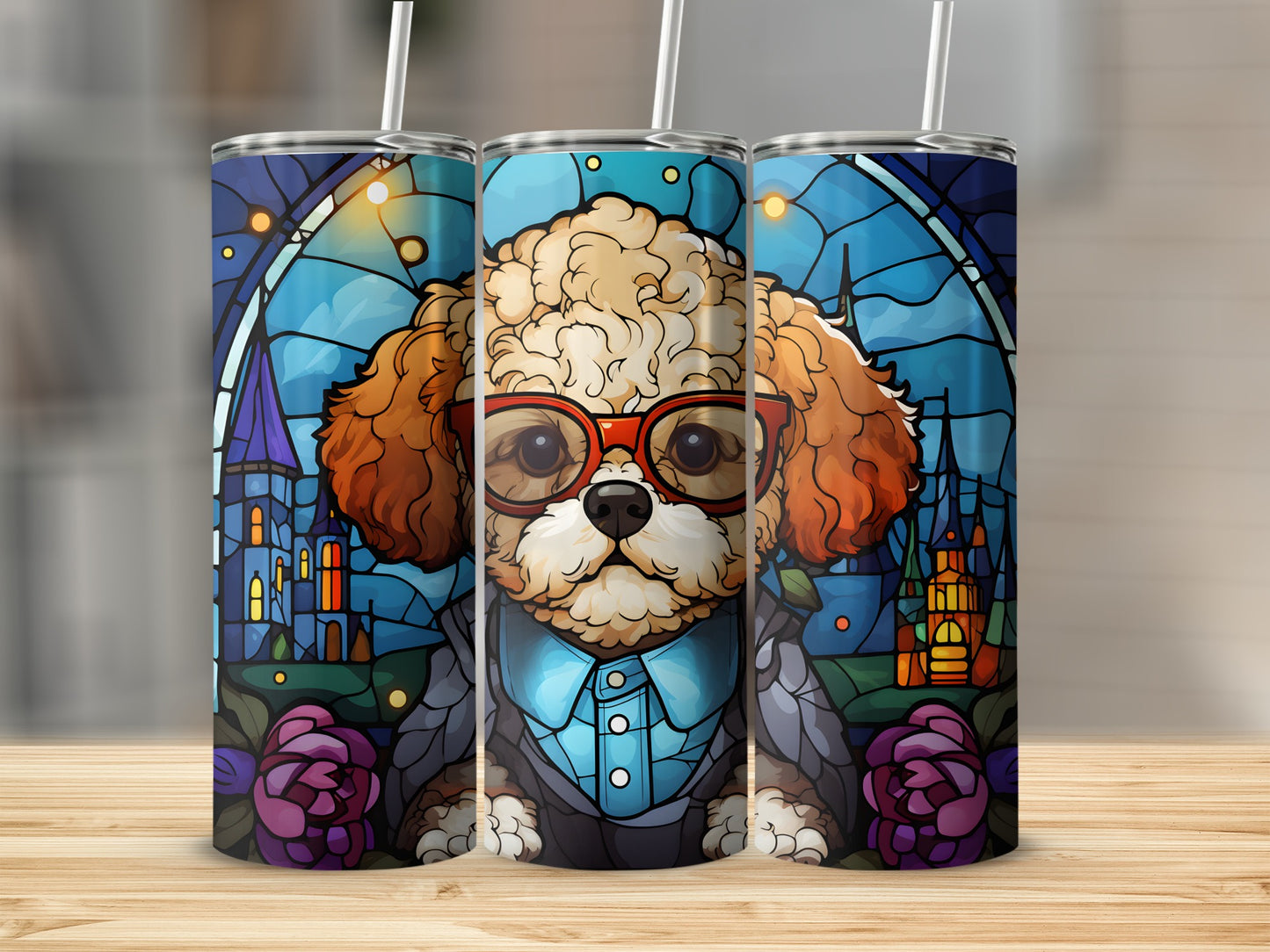 Three tumblers featuring a stylized dog wearing glasses and a suit against a stained-glass castle background.