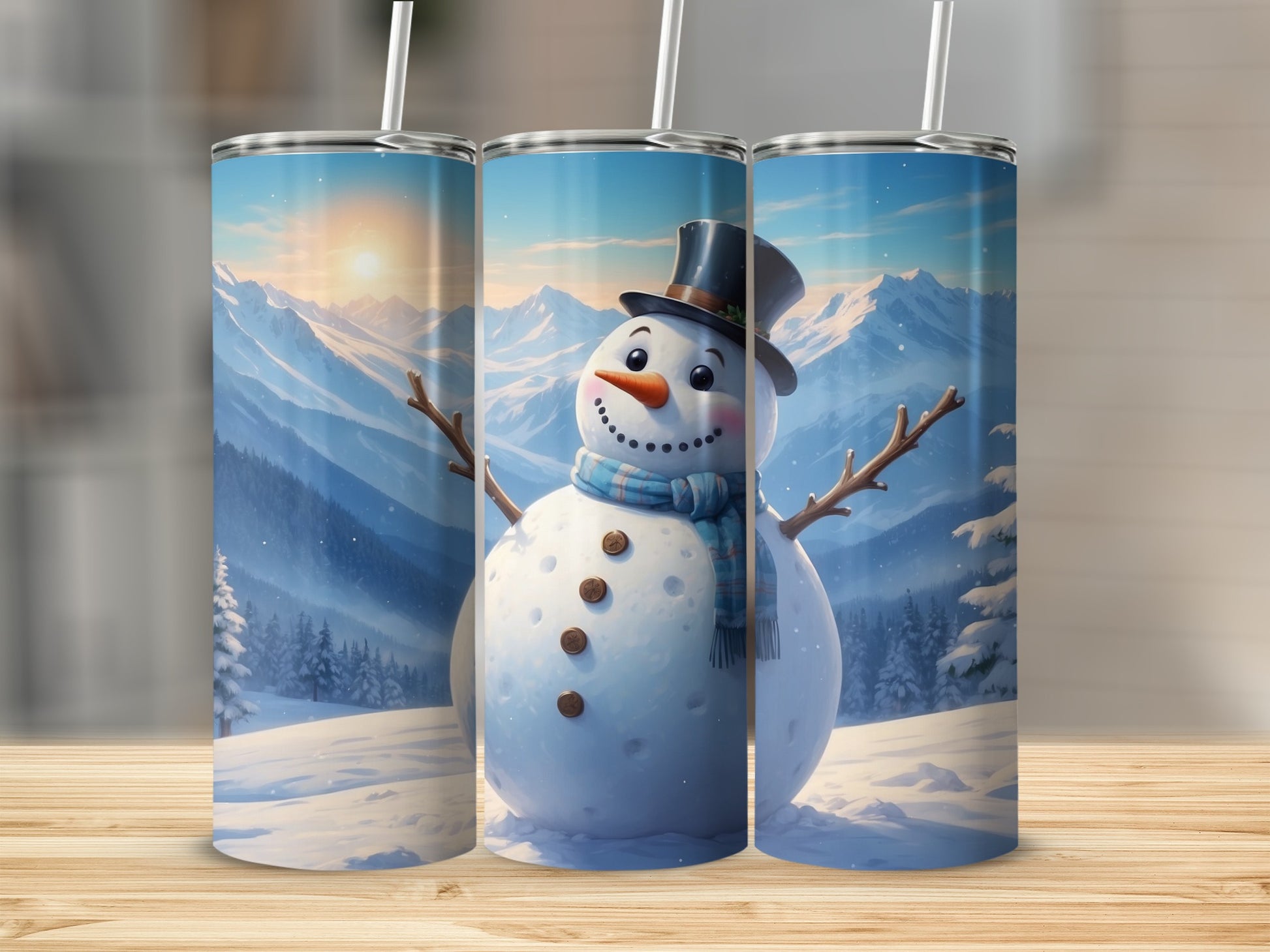 Snowman with top hat and scarf in snowy mountain landscape.