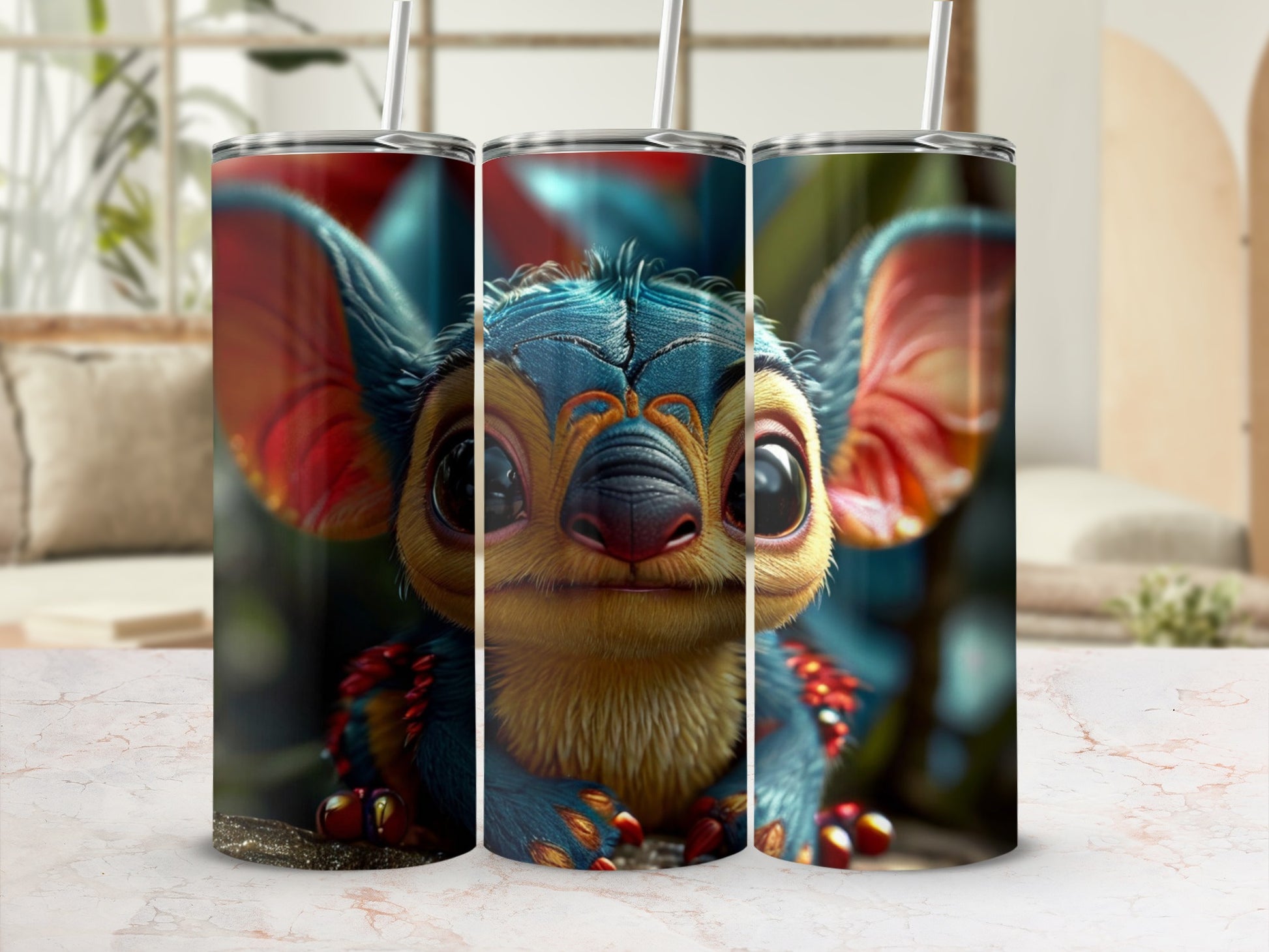 Stitch character on a blue, orange, and red tumbler with straw.